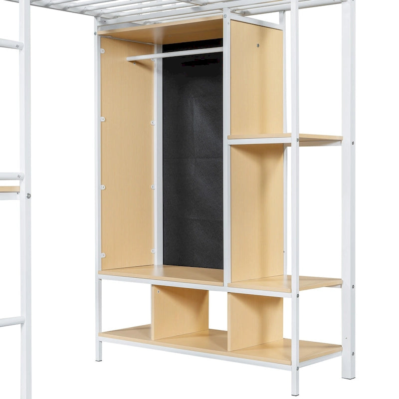 Letto a soppalco singolo in metallo bianco con armadio integrato e scrivania