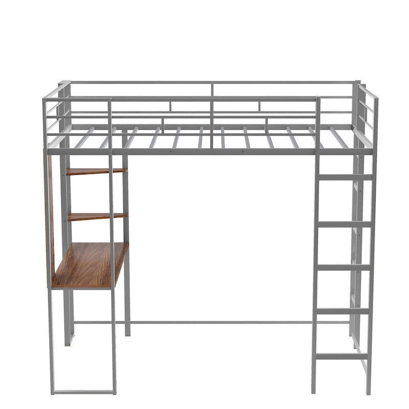 Metall-Hochbett in Einzelgröße mit Leiter, Schutzgitter und Schreibtisch