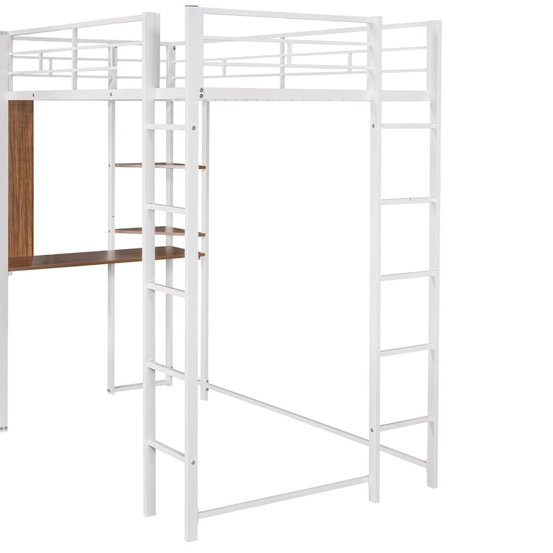 Weißes Metall-Hochbett in Twin-Größe mit Leiter, Absturzsicherung, Regalen und Schreibtisch
