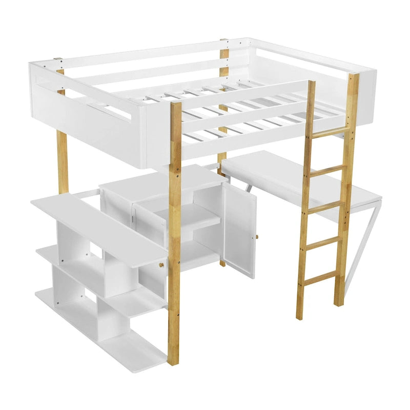 White Full Size Solid Wood Loft Bed with Storage Cabinet & Desk