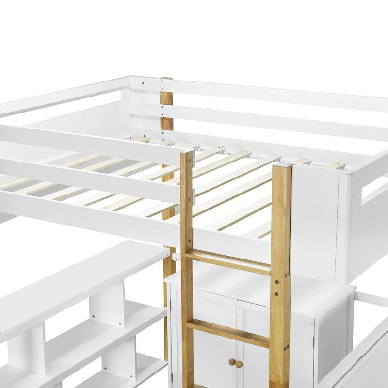 Letto a soppalco bianco matrimoniale in legno massello con armadietto contenitore e scrivania