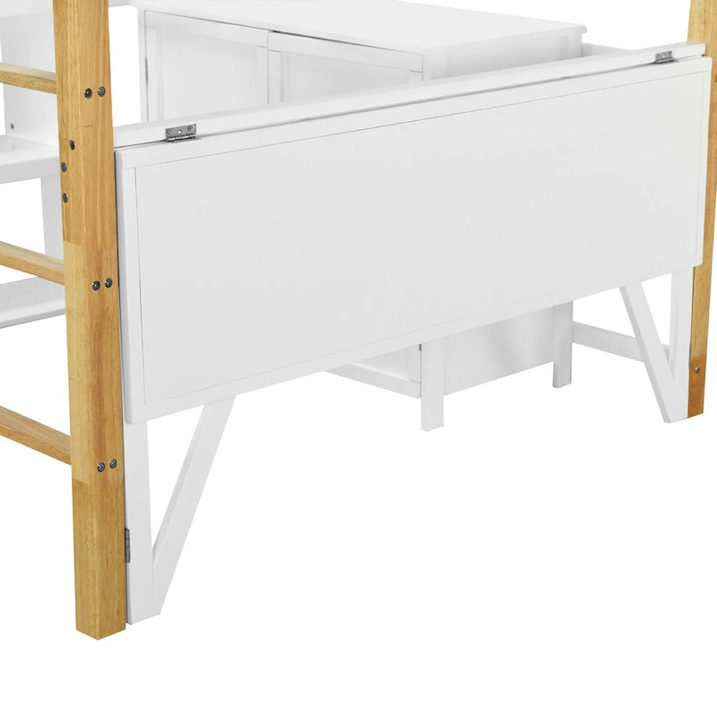 Letto a soppalco bianco matrimoniale in legno massello con armadietto contenitore e scrivania