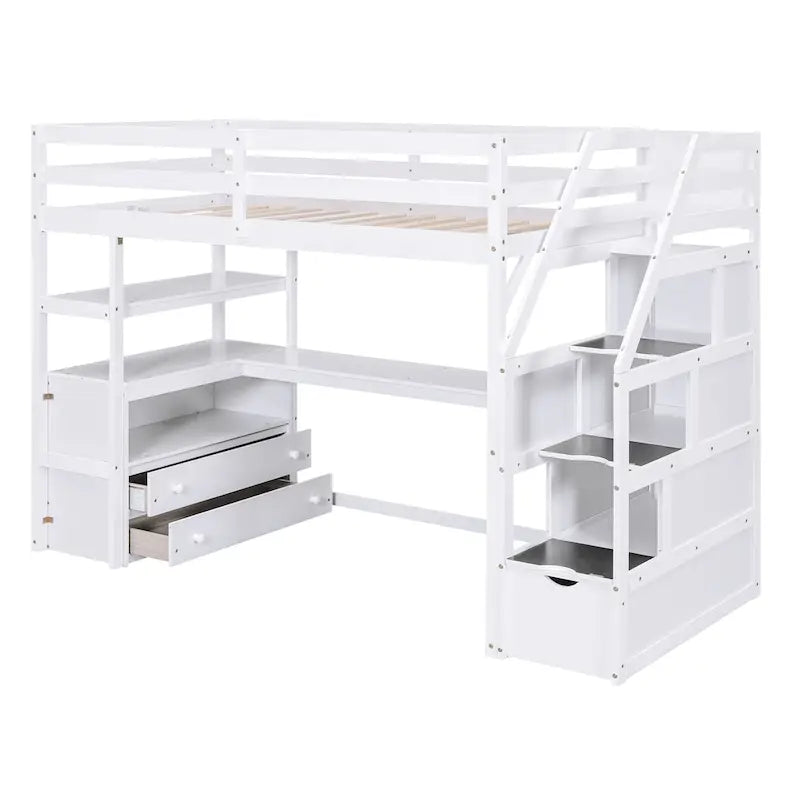 Kiefernholz-Hochbett mit Schreibtisch und Stauraum