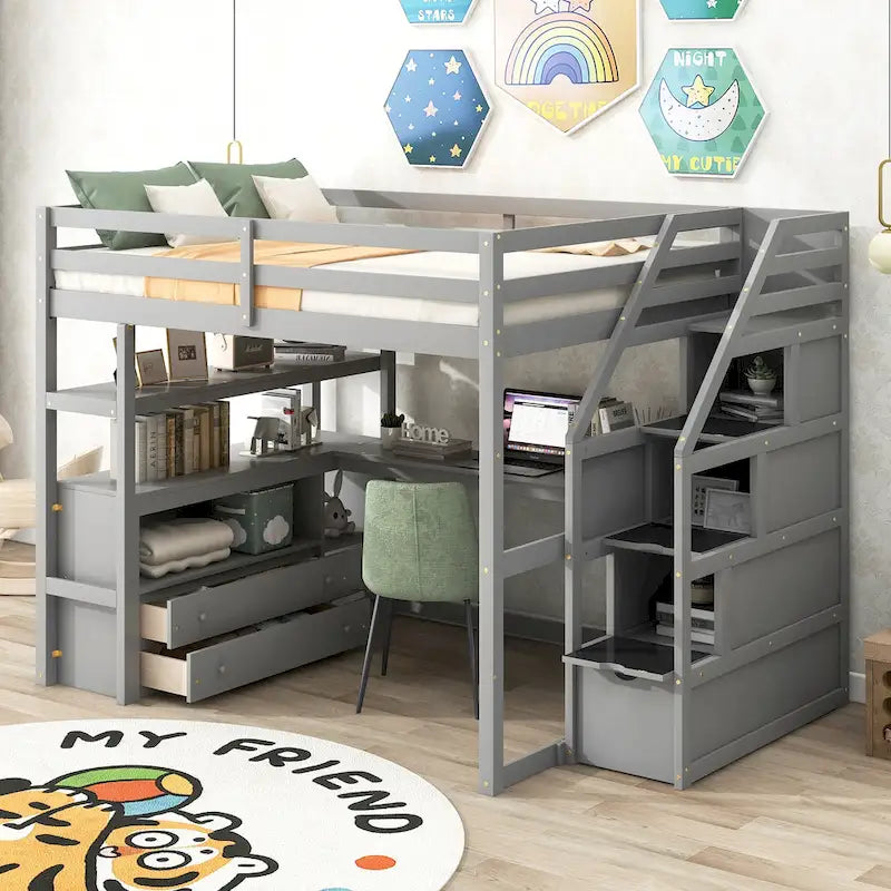 Letto a soppalco in pino con scrivania e spazio contenitore