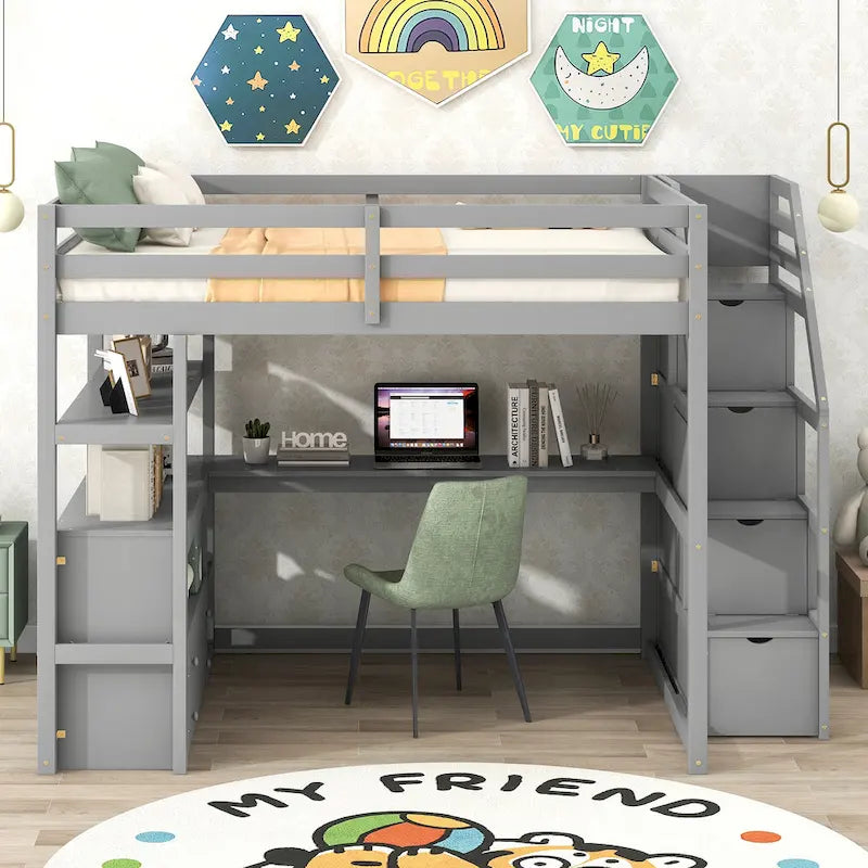 Letto a soppalco in pino con scrivania e spazio contenitore