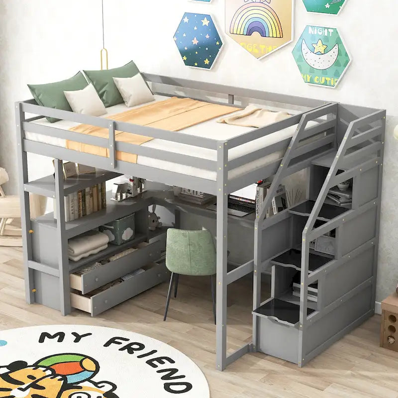 Letto a soppalco in pino con scrivania e spazio contenitore