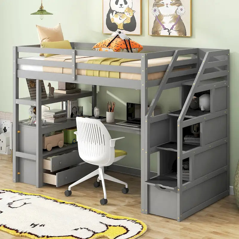 Letto a soppalco in pino con scrivania e spazio contenitore