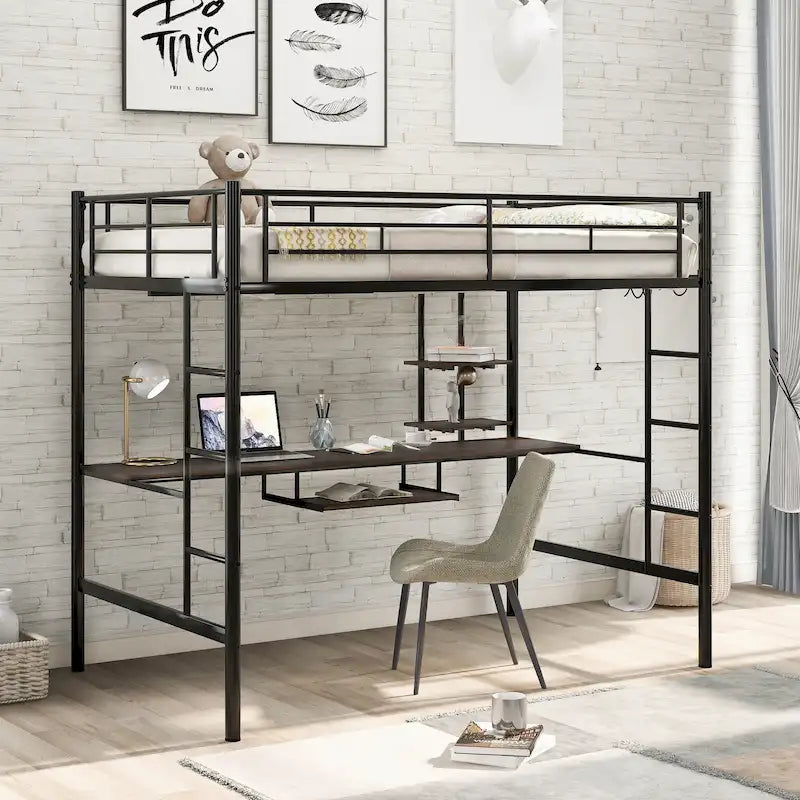 Zwarte metalen hoogslaper voor tweepersoonsbed met bureau en plank, ruimtebesparend ontwerp