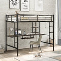 Zwarte metalen hoogslaper voor tweepersoonsbed met bureau en plank, ruimtebesparend ontwerp