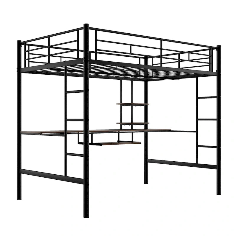 Zwarte metalen hoogslaper voor tweepersoonsbed met bureau en plank, ruimtebesparend ontwerp