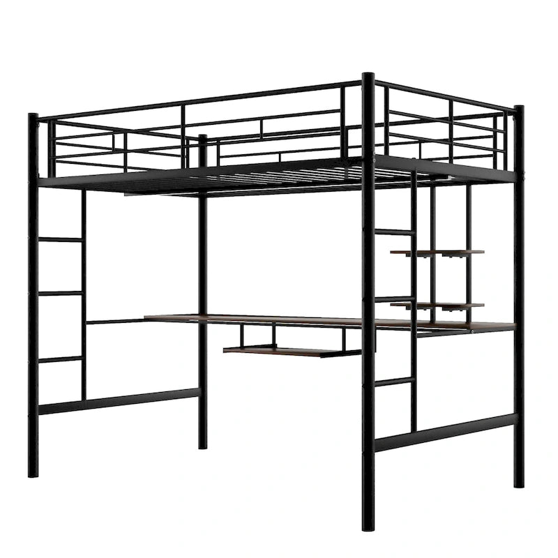 Zwarte metalen hoogslaper voor tweepersoonsbed met bureau en plank, ruimtebesparend ontwerp