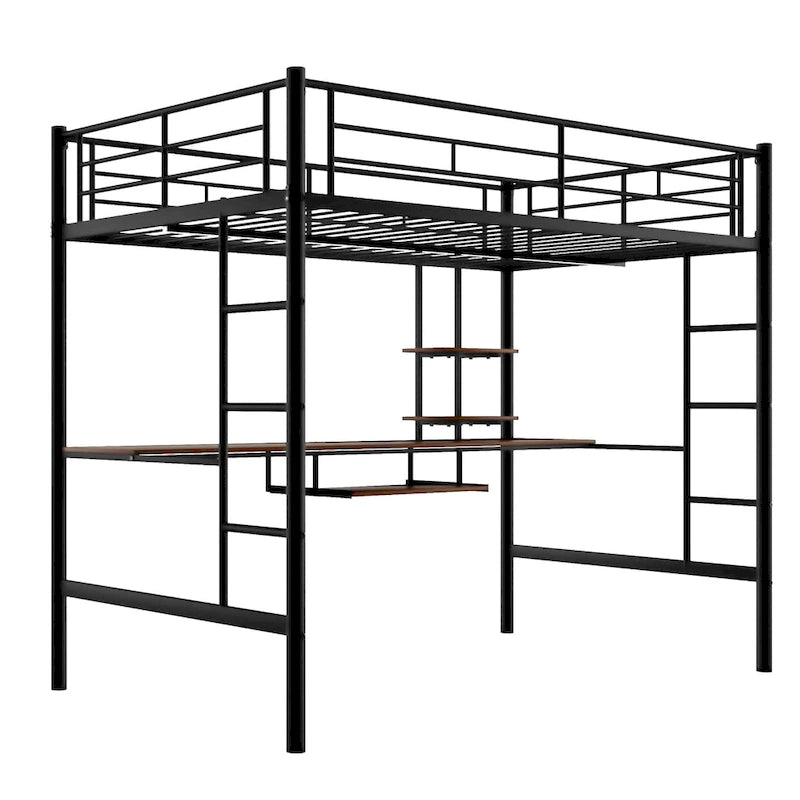 Zwarte metalen hoogslaper voor tweepersoonsbed met bureau en plank, ruimtebesparend ontwerp