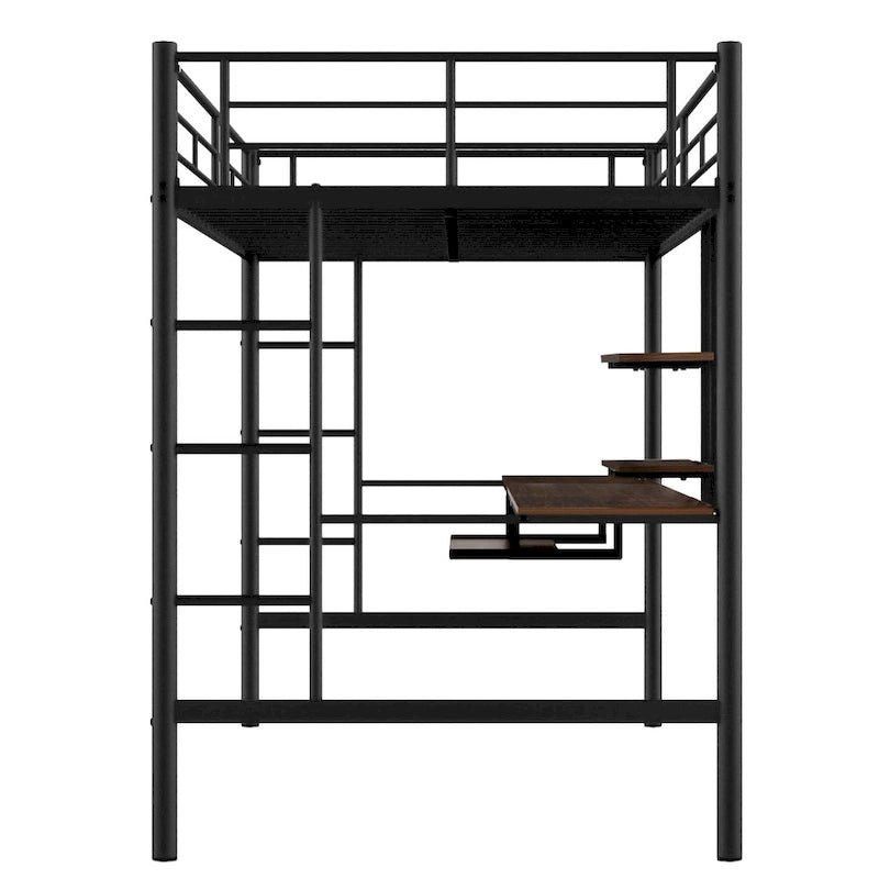Zwarte metalen hoogslaper voor tweepersoonsbed met bureau en plank, ruimtebesparend ontwerp