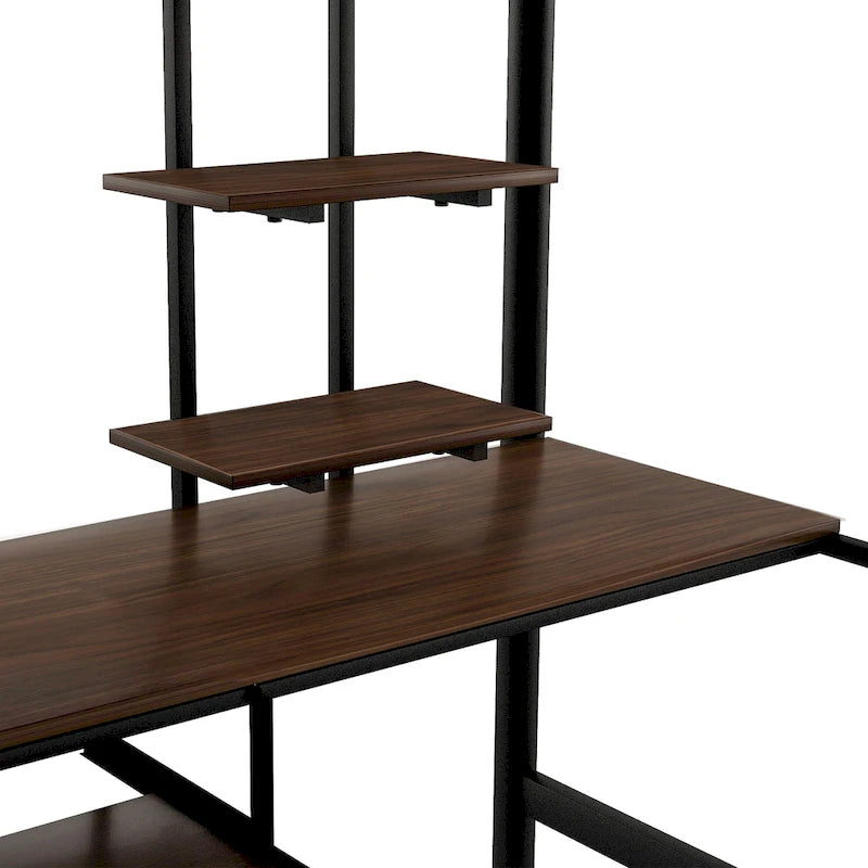Zwarte metalen hoogslaper voor tweepersoonsbed met bureau en plank, ruimtebesparend ontwerp