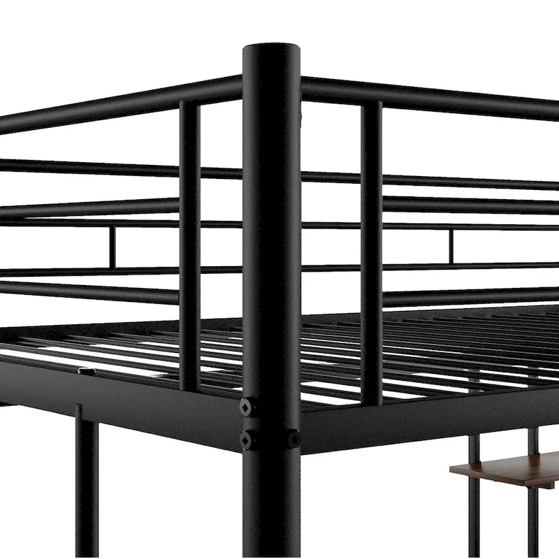 Zwarte metalen hoogslaper voor tweepersoonsbed met bureau en plank, ruimtebesparend ontwerp
