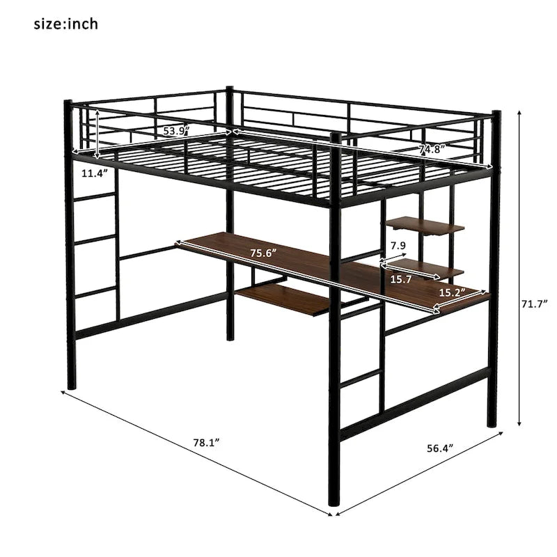 Zwarte metalen hoogslaper voor tweepersoonsbed met bureau en plank, ruimtebesparend ontwerp