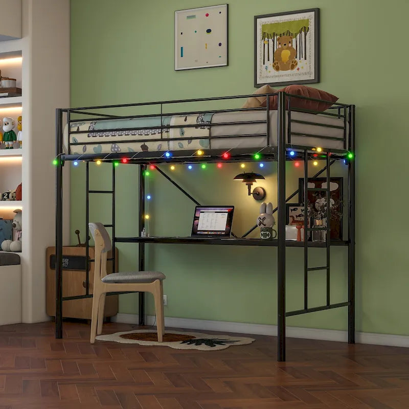 Zwarte metalen hoogslaper in Twin Size met bureau en ledverlichting