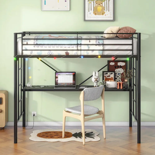 Letto a soppalco in metallo nero singolo con scrivania e luce LED