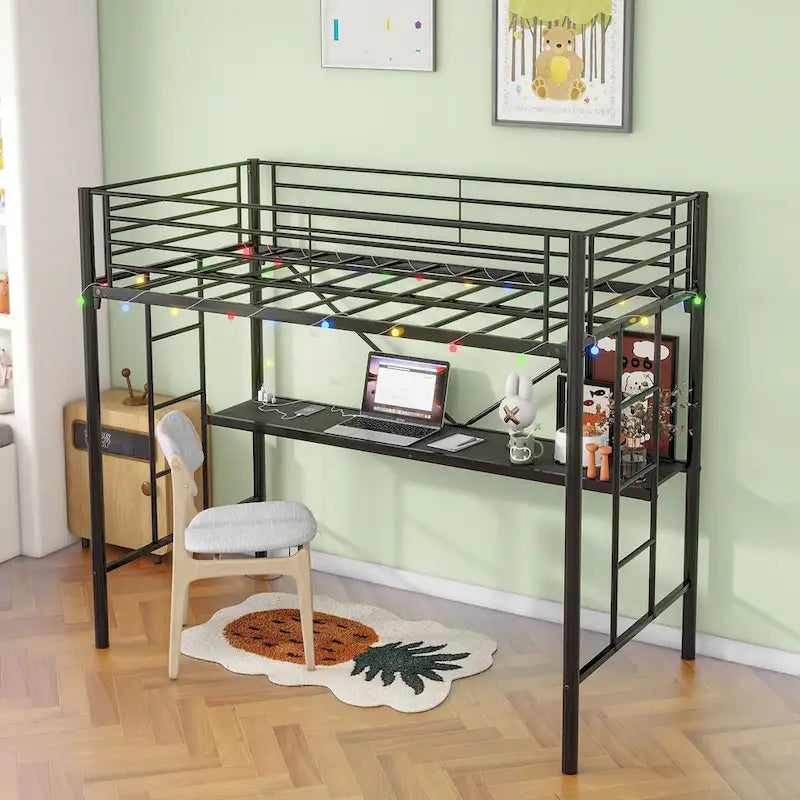 Zwarte metalen hoogslaper in Twin Size met bureau en ledverlichting