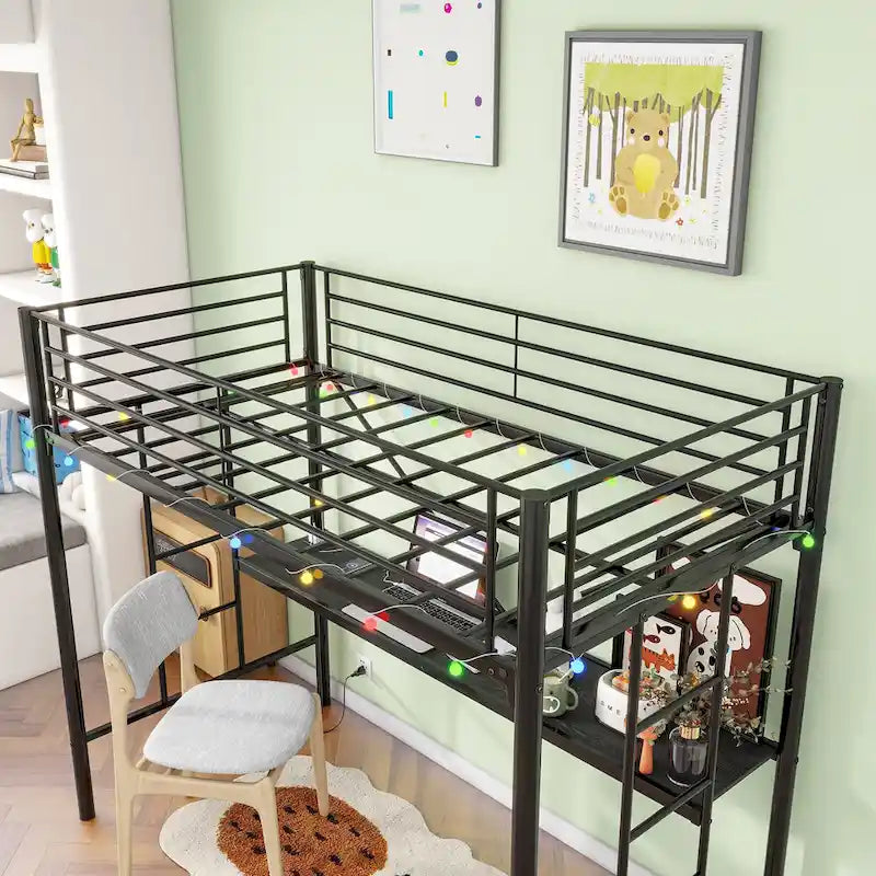 Zwarte metalen hoogslaper in Twin Size met bureau en ledverlichting