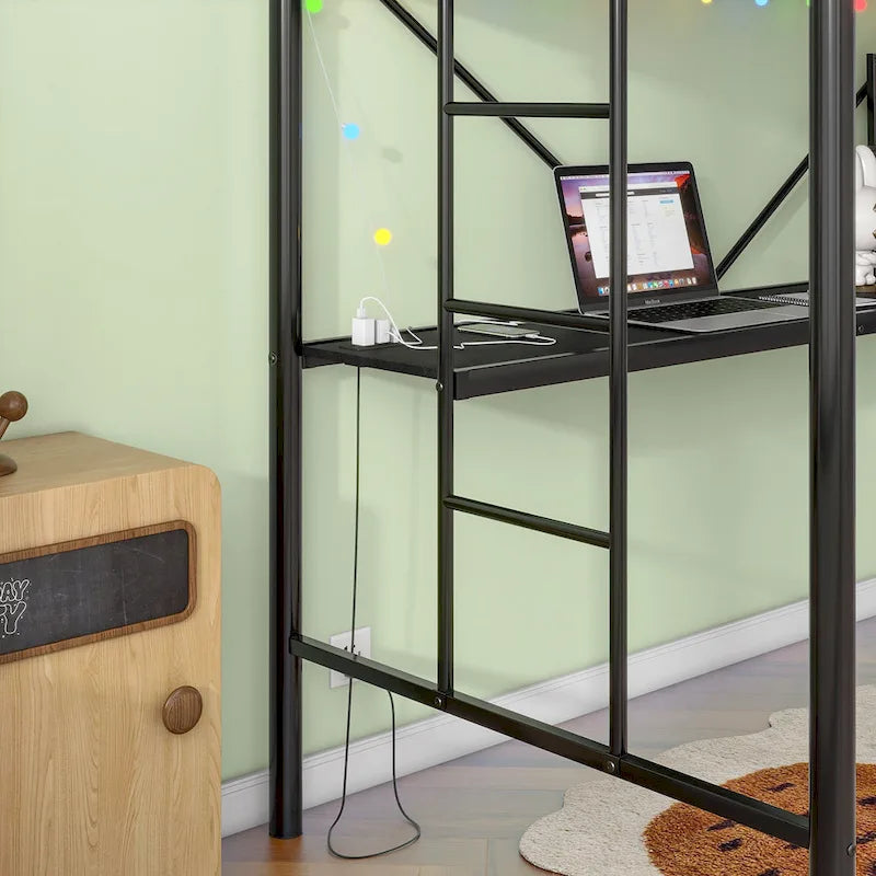Zwarte metalen hoogslaper in Twin Size met bureau en ledverlichting