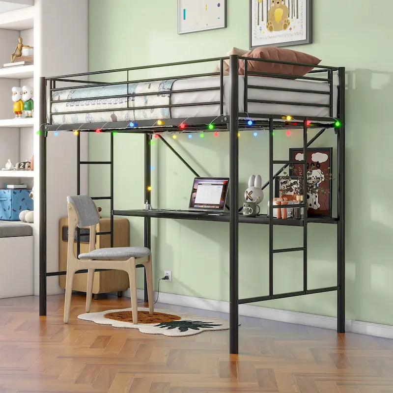 Zwarte metalen hoogslaper in Twin Size met bureau en ledverlichting