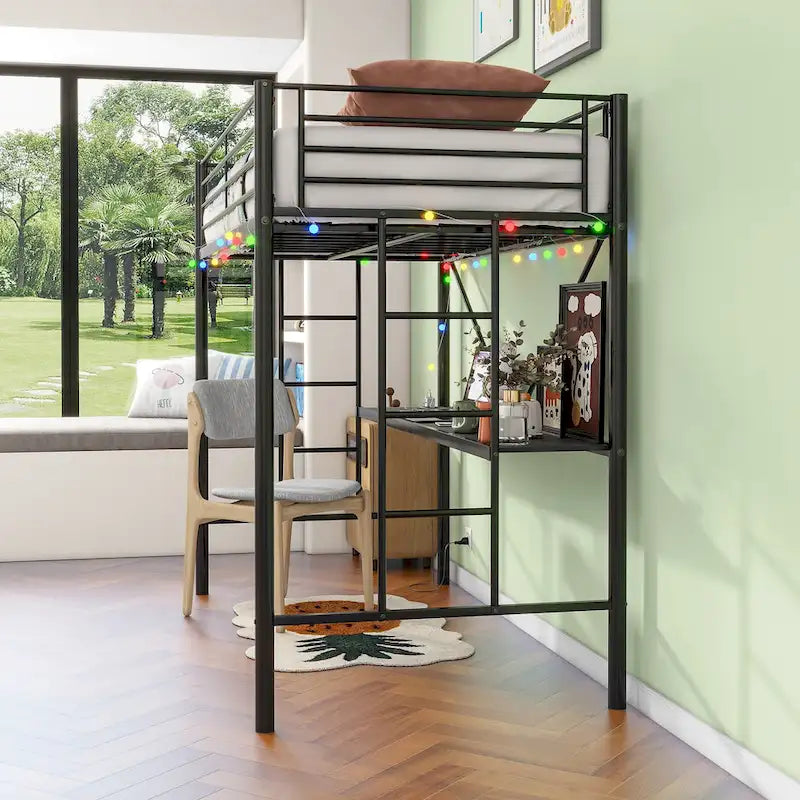 Zwarte metalen hoogslaper in Twin Size met bureau en ledverlichting