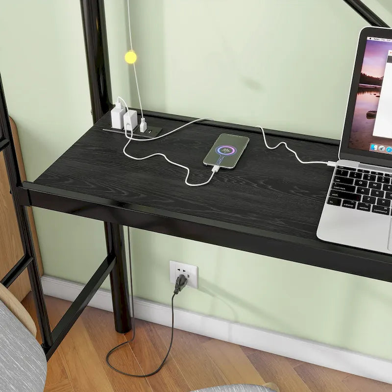 Zwarte metalen hoogslaper in Twin Size met bureau en ledverlichting