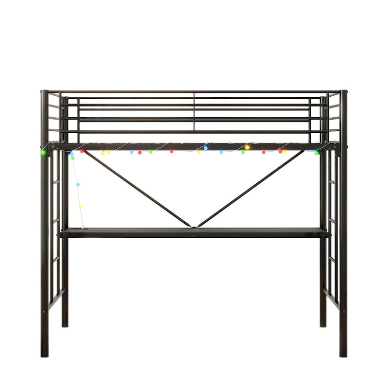 Zwarte metalen hoogslaper in Twin Size met bureau en ledverlichting