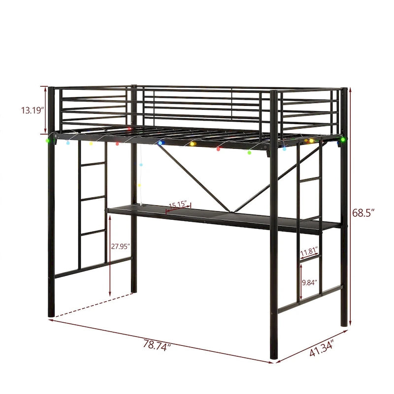 Zwarte metalen hoogslaper in Twin Size met bureau en ledverlichting