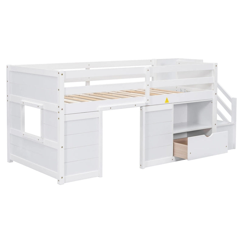 Twin Pine Low Loft Bed with Storage Staircase, Drawer, and Shelf