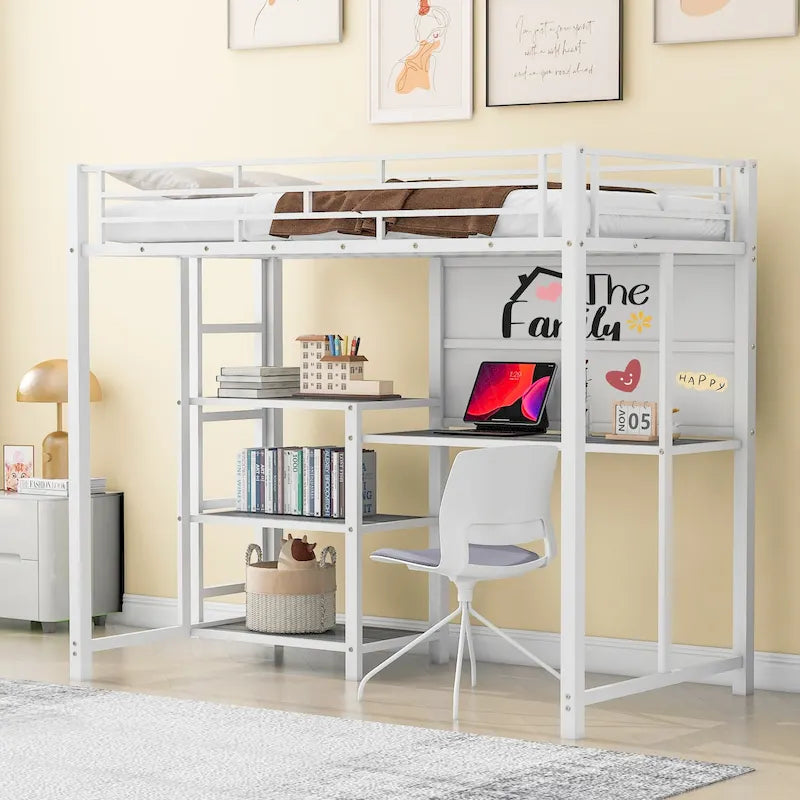 Metall-Hochbett mit Schreibtisch, Whiteboard, Regalen und Leiter