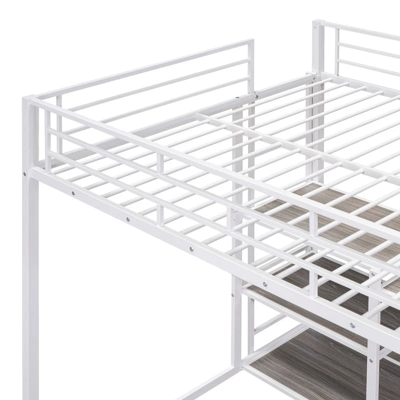 Metall-Hochbett mit Schreibtisch, Whiteboard, Regalen und Leiter