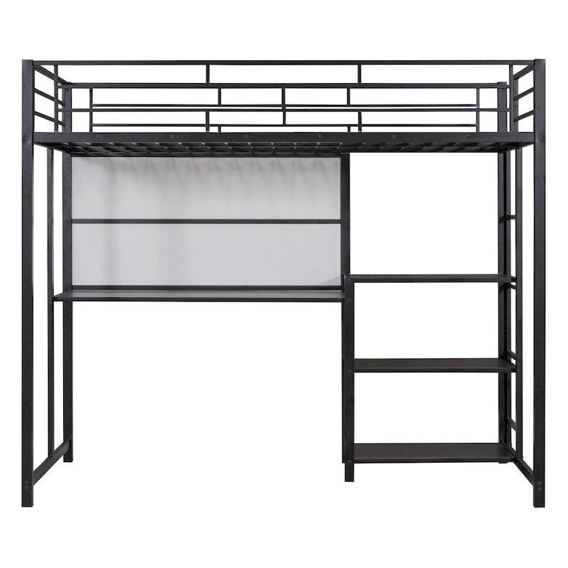 Metall-Hochbett mit Schreibtisch, Whiteboard, Regalen und Leiter