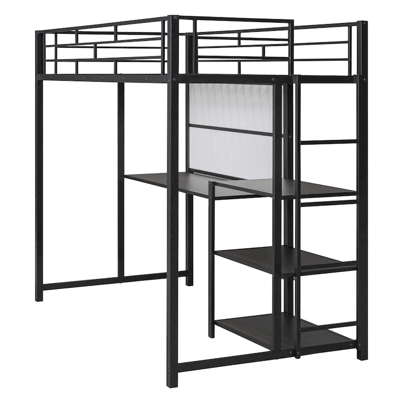 Metall-Hochbett mit Schreibtisch, Whiteboard, Regalen und Leiter