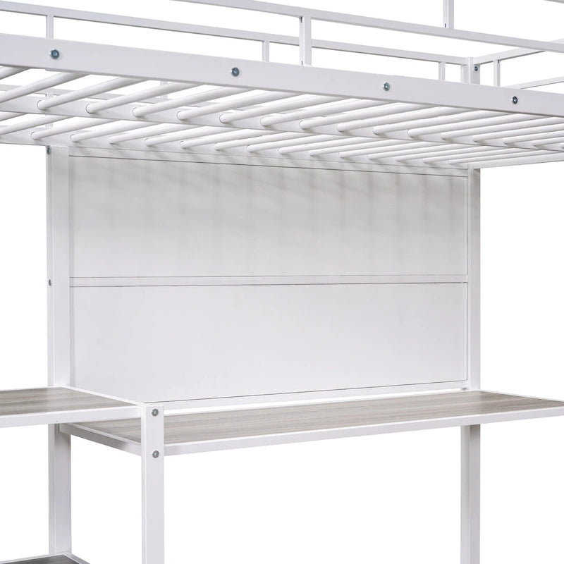 Metall-Hochbett mit Schreibtisch, Whiteboard, Regalen und Leiter