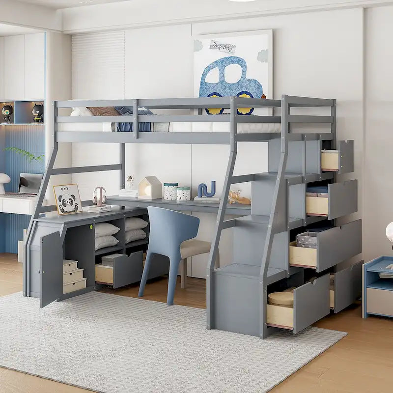 Letto a soppalco in pino grigio una piazza e mezza con scrivania e contenitore