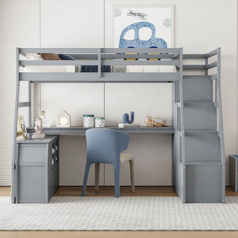 Letto a soppalco in pino grigio una piazza e mezza con scrivania e contenitore