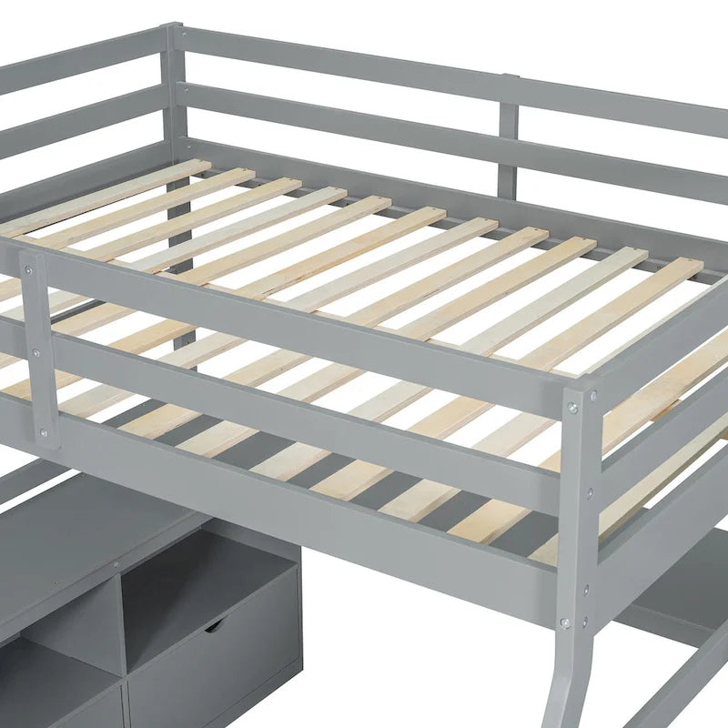 Letto a soppalco in pino grigio una piazza e mezza con scrivania e contenitore