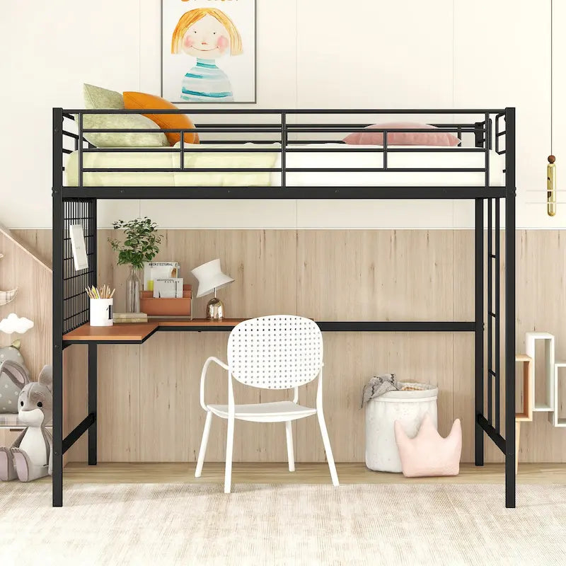 Letto a soppalco con struttura in metallo a una piazza e mezza, scrivania integrata in legno, griglia metallica, scala e sponde di sicurezza