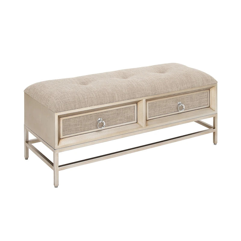 Panca contenitore imbottita in lino con 2 cassetti e seduta trapuntata – Beige
