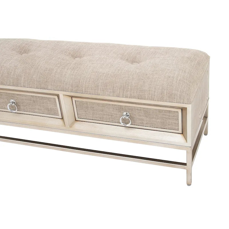 Panca contenitore imbottita in lino con 2 cassetti e seduta trapuntata – Beige