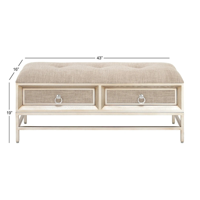Panca contenitore imbottita in lino con 2 cassetti e seduta trapuntata – Beige