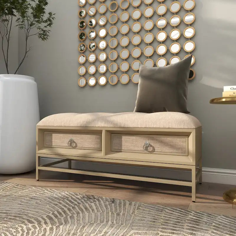 Panca contenitore imbottita in lino con 2 cassetti e seduta trapuntata – Beige
