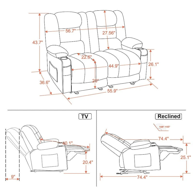 Divanetto Reclinabile Elettrico – Doppio Recliner con USB e Portabicchieri