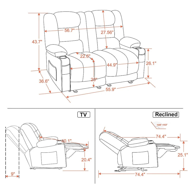Divanetto Reclinabile Elettrico – Doppio Recliner con USB e Portabicchieri