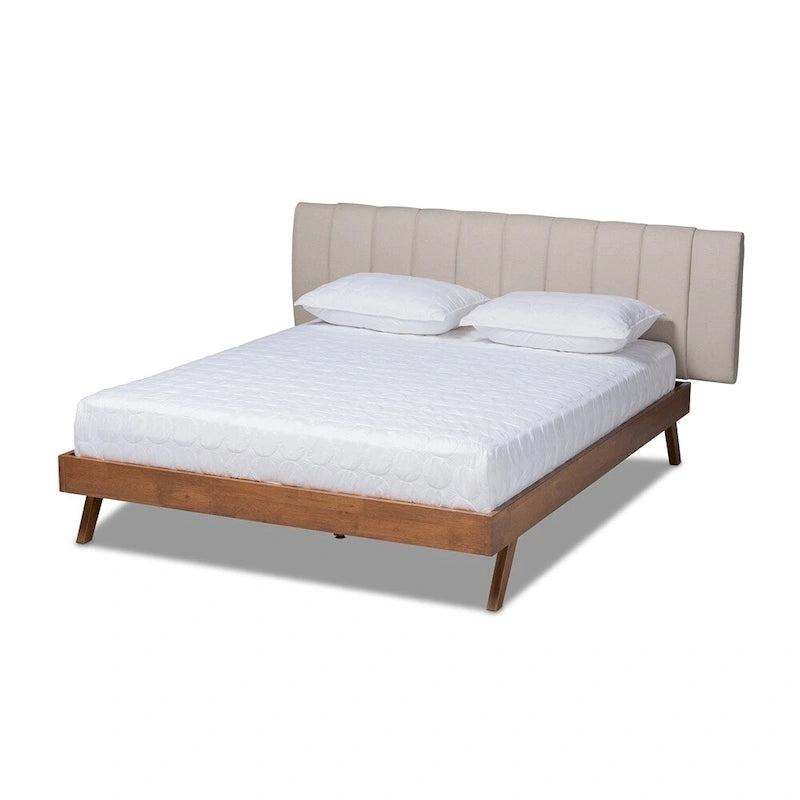 Letto a piattaforma imbottito in tessuto beige chiaro moderno di metà secolo
