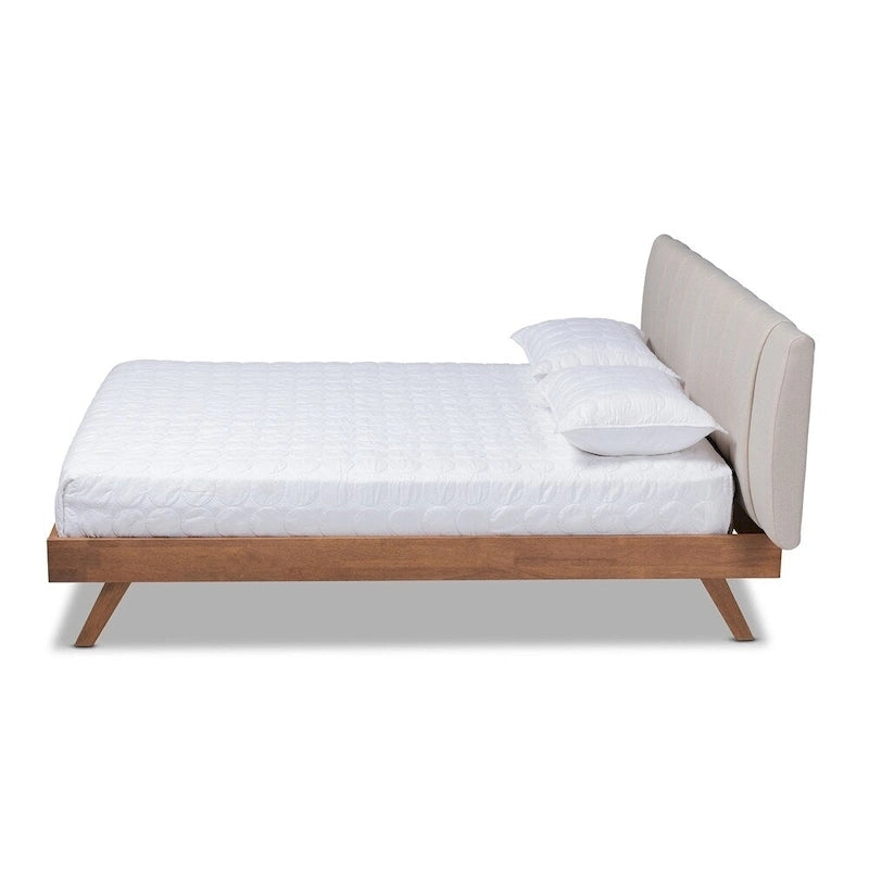 Letto a piattaforma imbottito in tessuto beige chiaro moderno di metà secolo