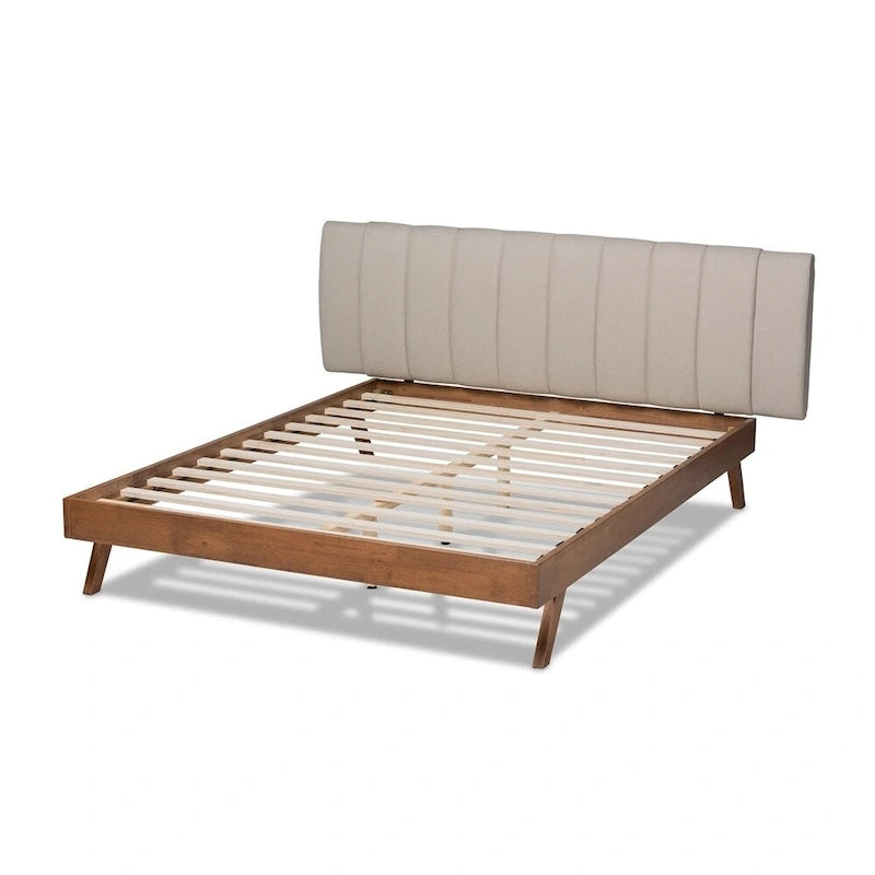 Letto a piattaforma imbottito in tessuto beige chiaro moderno di metà secolo