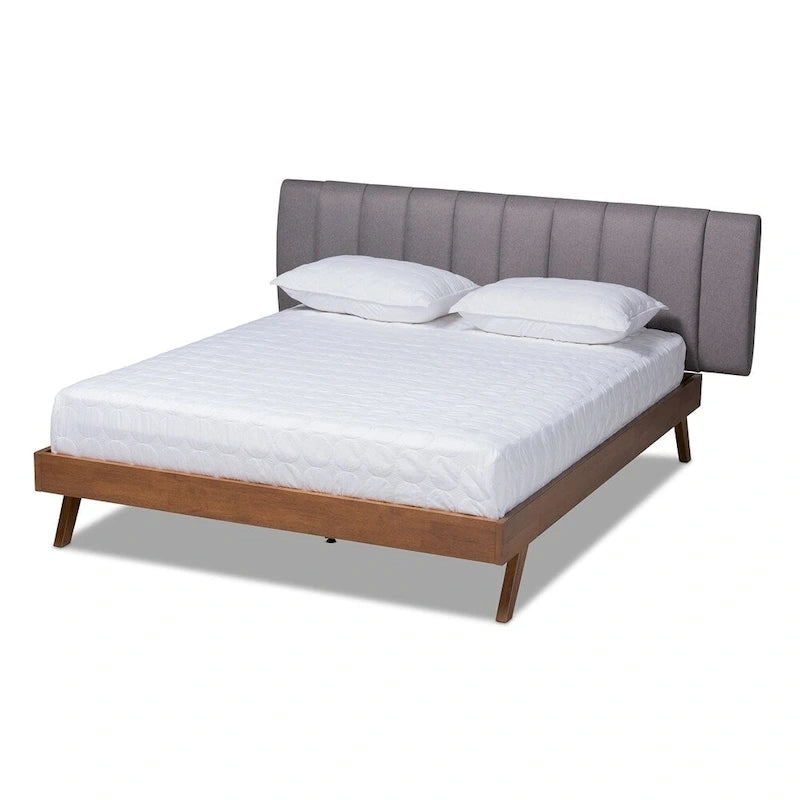 Letto a piattaforma imbottito in tessuto beige chiaro moderno di metà secolo